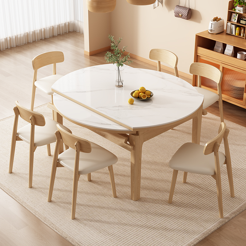 岩板餐桌全实木可伸缩折叠圆形饭桌现代简约原木中式家用方圆两用
