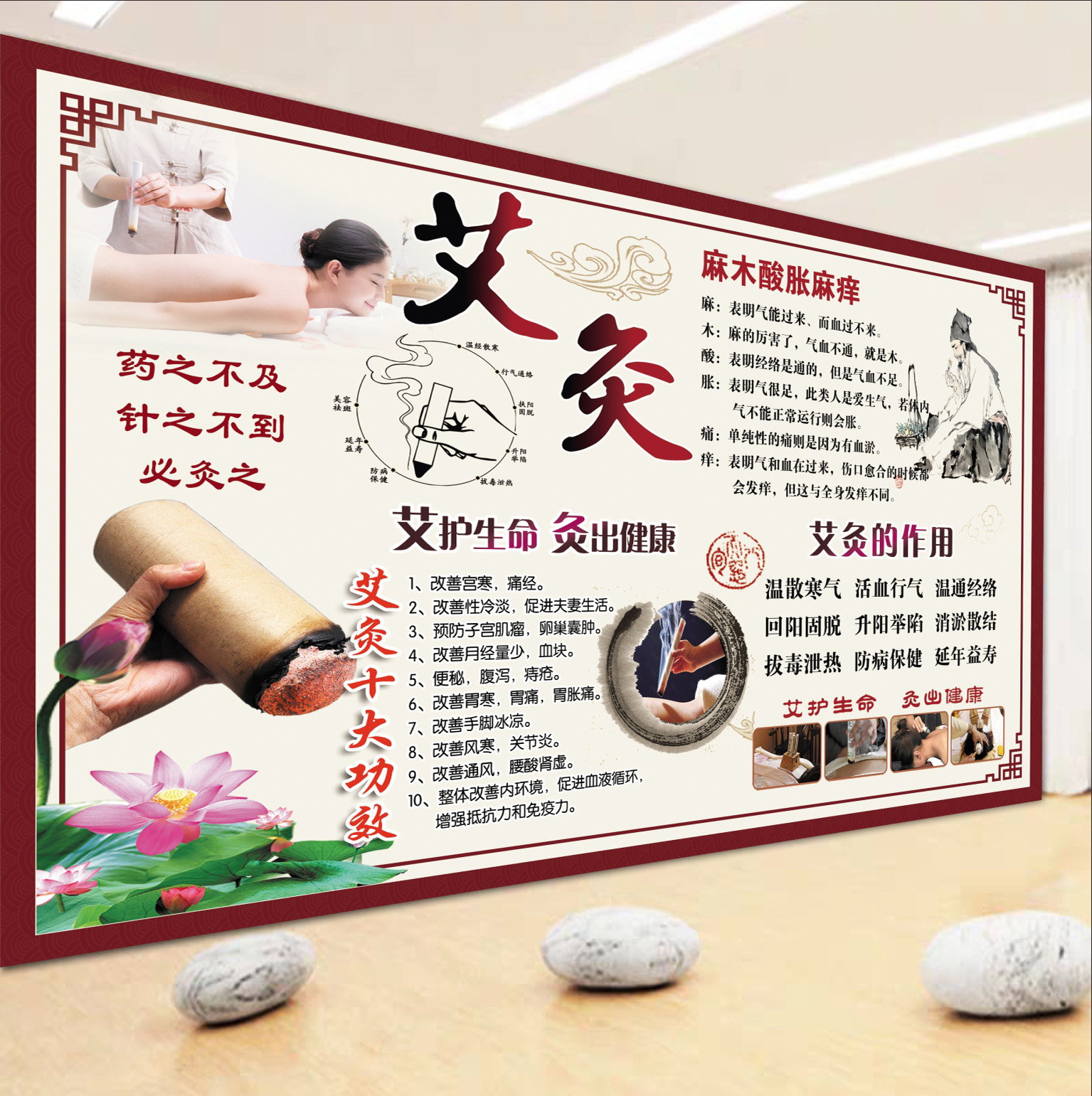中医养生馆艾灸广告宣传四季养生艾灸展板装饰挂图中医艾灸墙贴画