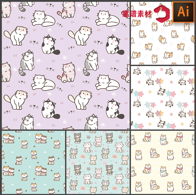 猫咪狗狗熊猫宠物卡通头像地毯抱枕服装印花图案矢量设计素材