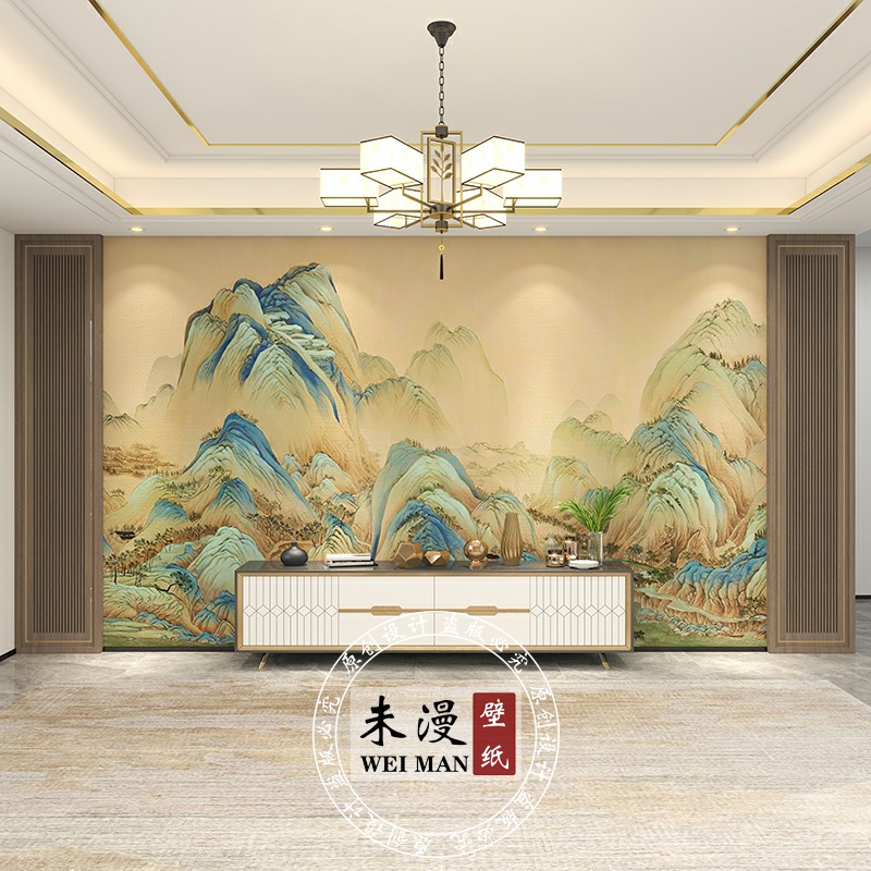 3d中式古典国画山水名画千里江山图局部壁纸客厅沙发电视背景墙纸