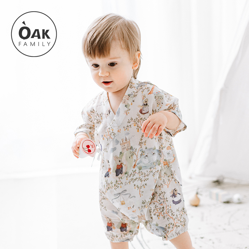 Oak Family新生婴儿衣服夏季短袖薄款初生爬服宝宝百天满月连身衣