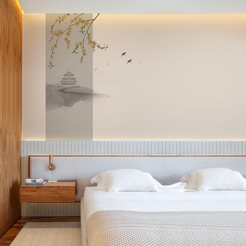现代中式意境江南烟雨水墨花鸟客厅背景墙布壁布书房卧室定制壁画