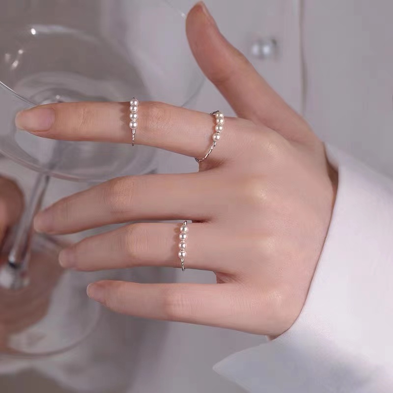 925纯银珍珠戒指素圈女食指戒指环夏小众设计感开口尾戒