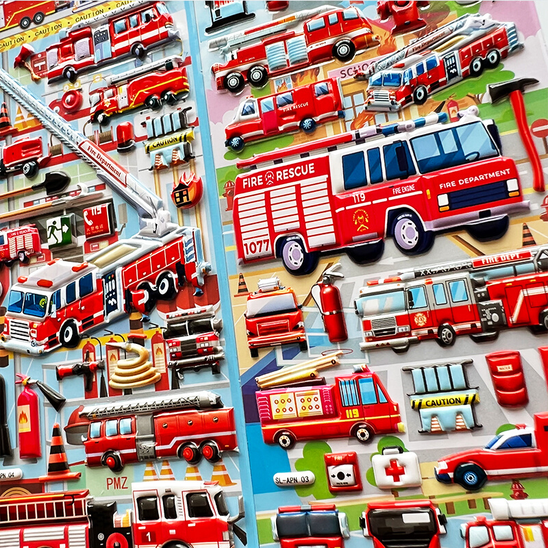 消防车贴纸交通工具救火员儿童工程车贴画宝宝益智男女孩卡通警车