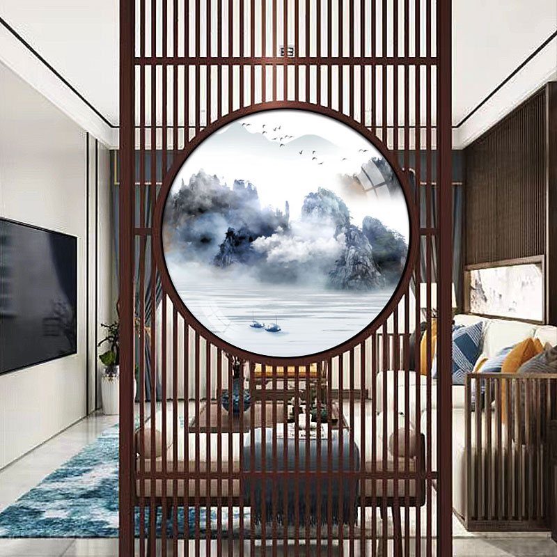 新中式屏风圆形双面装饰画玄关客厅led灯发光画中国风山水两面画