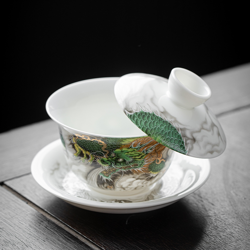 墨龙羊脂玉三才盖碗可悬停单个高档白瓷泡茶杯碗陶瓷三件套装茶具
