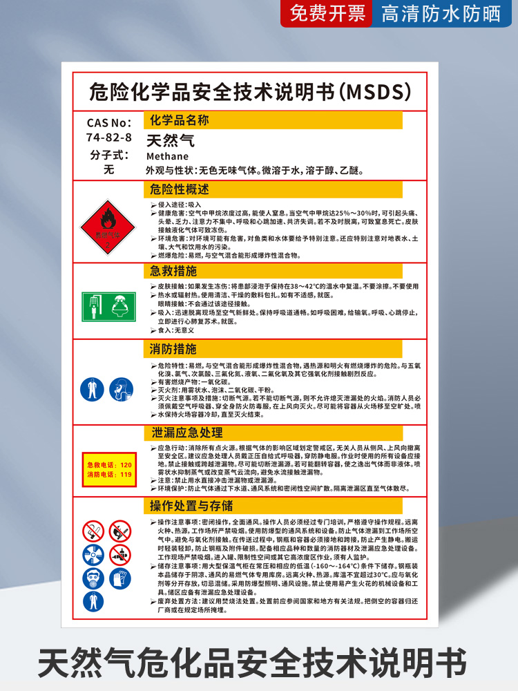 天然气危险化学品安全技术说明书液化石油气MSDS标志牌燃气告知卡工厂车间警示牌