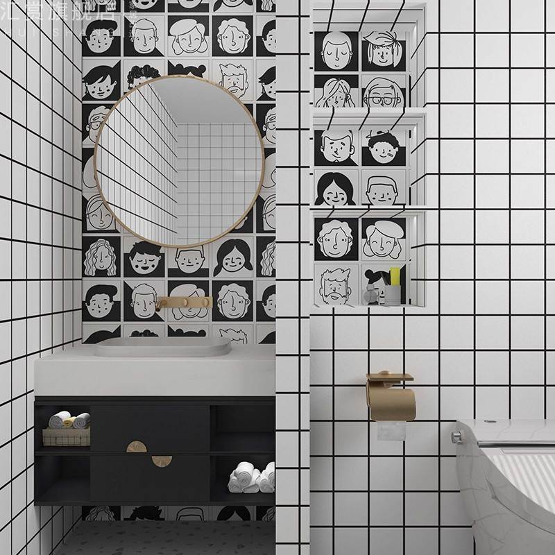 推荐浴室防水贴纸化妆室墙贴黑白动漫壁纸漫画头像壁纸卡通瓷砖贴