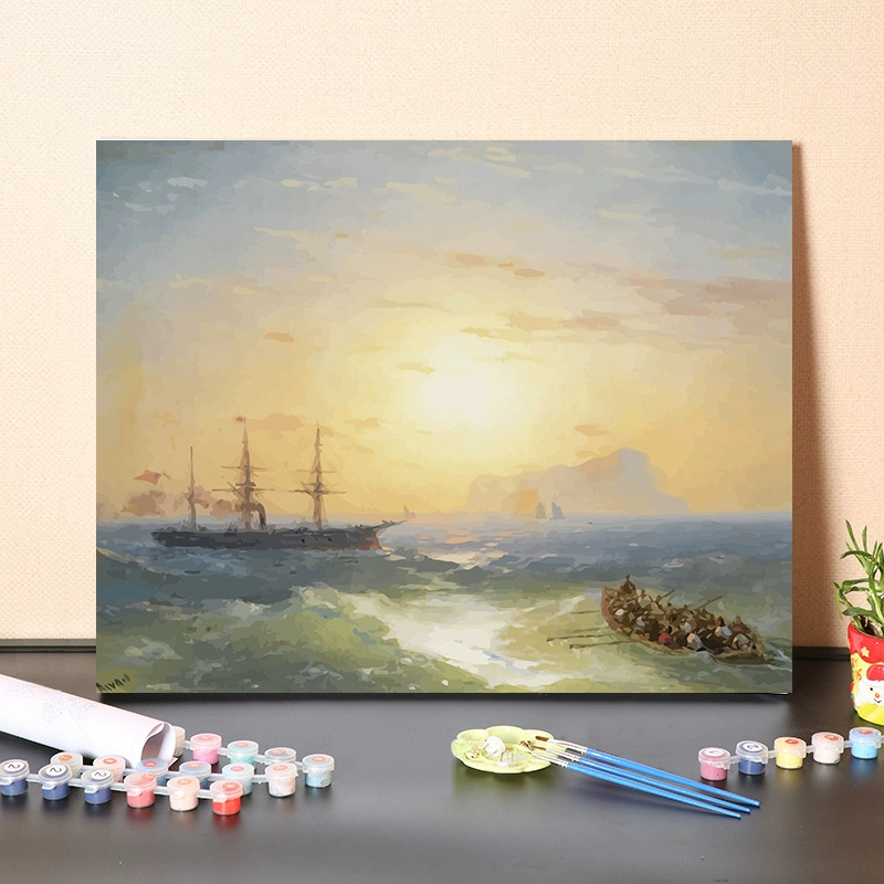 DIY数字油画手工填充画家艾瓦佐夫斯基经典名画夕阳沙滩海景帆船