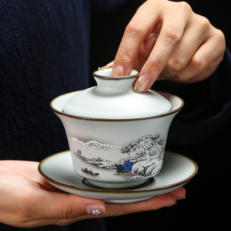瓷韵东方汝窑三才盖碗茶杯茶壶大号主人杯开片可养茶具铁胎陶瓷杯