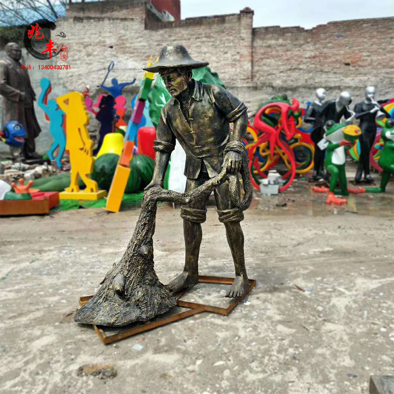 渔民生活撒网打鱼人物仿铜玻璃钢雕塑户外园林古镇渔夫捕鱼雕塑
