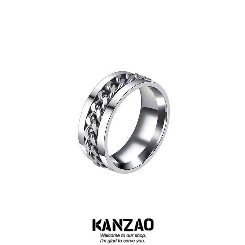 KANZAO开啤酒戒指可转动链条情侣旋转设计个性开瓶器指环钛钢合金