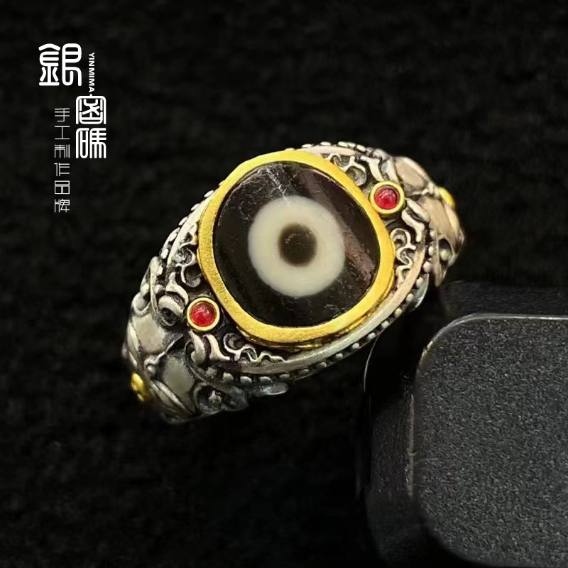 藏式S925纯银镶嵌天珠绿度母戒指个性民族风男女款生日送男友戒指