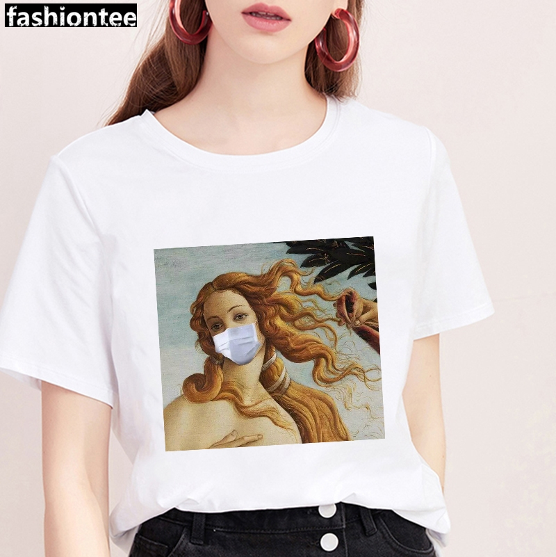 达芬奇系列T恤欧洲短袖蒙娜丽莎女T恤恶搞名画油画戴口罩周边