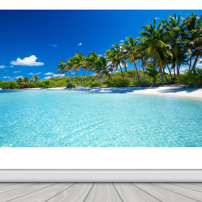 大海风景画贴纸背景墙壁装饰画海水蓝天白云椰树的海浪太阳海滩边
