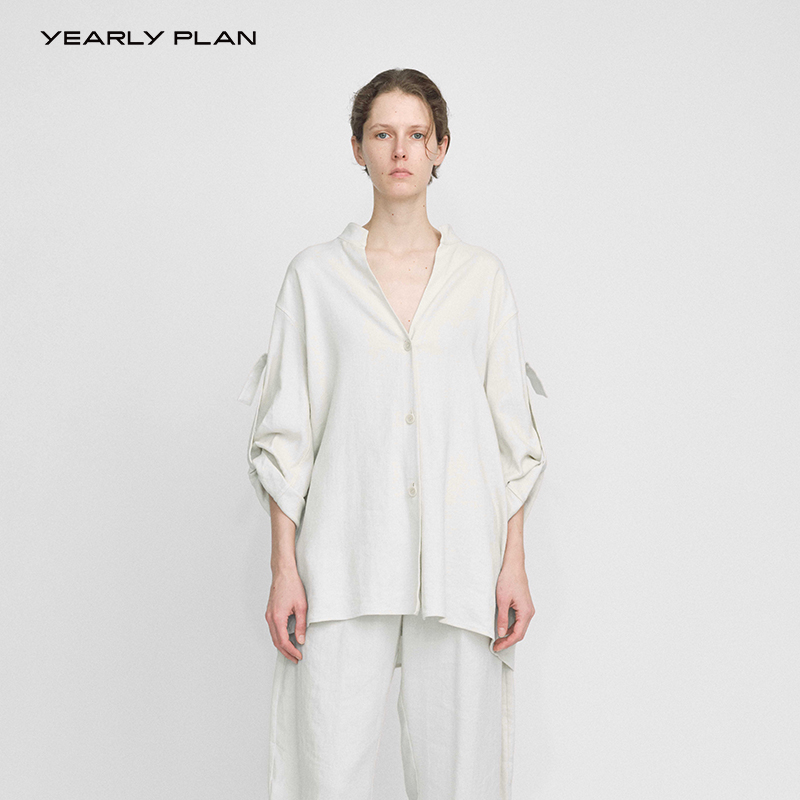 YEARLY PLAN 2024年夏季新款天然棉麻混纺简练立领廓形衬衫上衣女