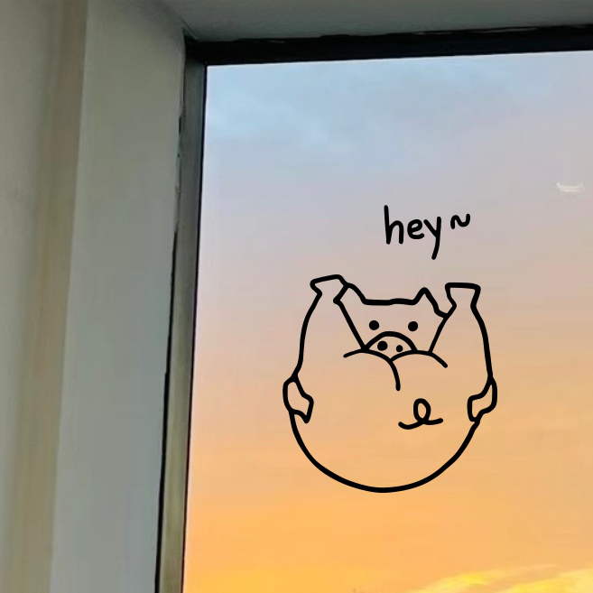 hey~有趣的猪 可爱卡通手绘图案 客厅厨房玻璃门窗户防撞墙贴纸