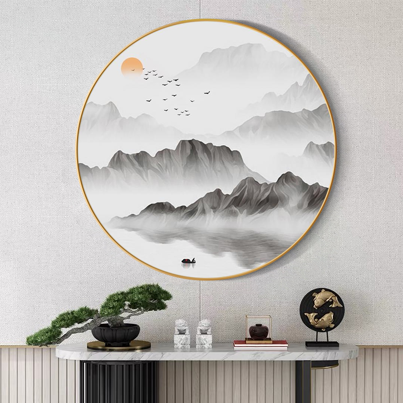 新中式客厅装饰画圆形风景山水画背景墙面壁画茶桌老板办公室挂画