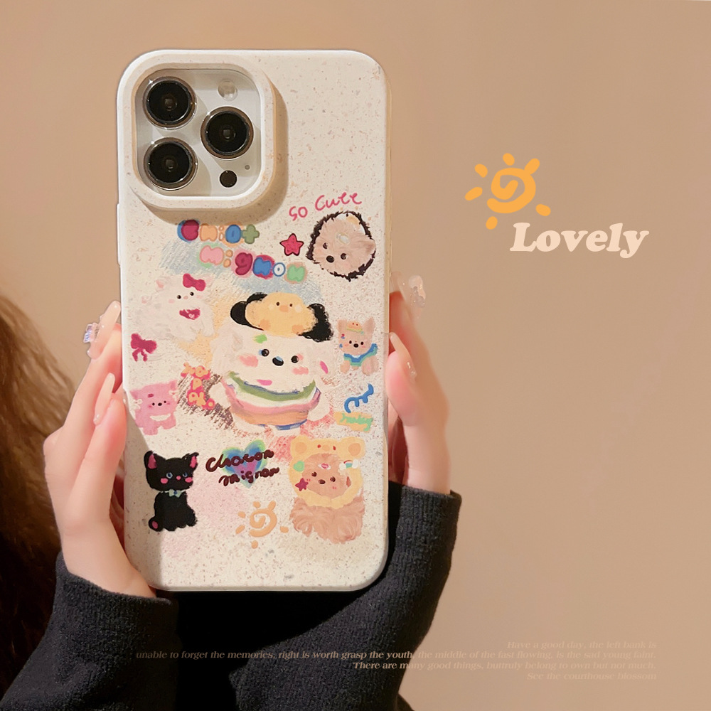 可爱动物适用14ProMax手机壳iPhone13油画卡通涂鸦11苹果12萌系不透明