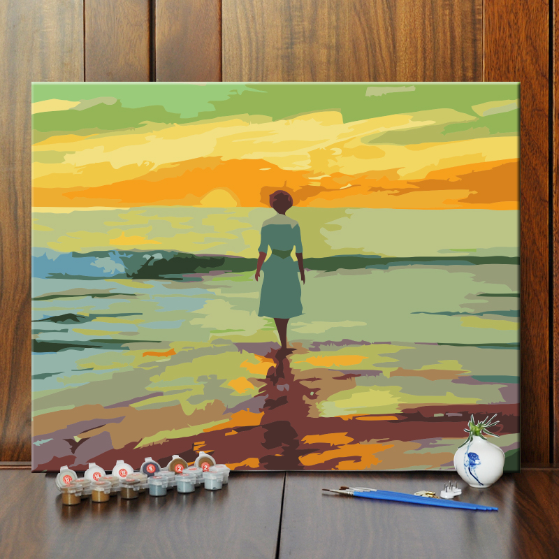DIY/数字油彩画海滩女孩背影手绘填色油画客厅卧室书房餐厅装饰画