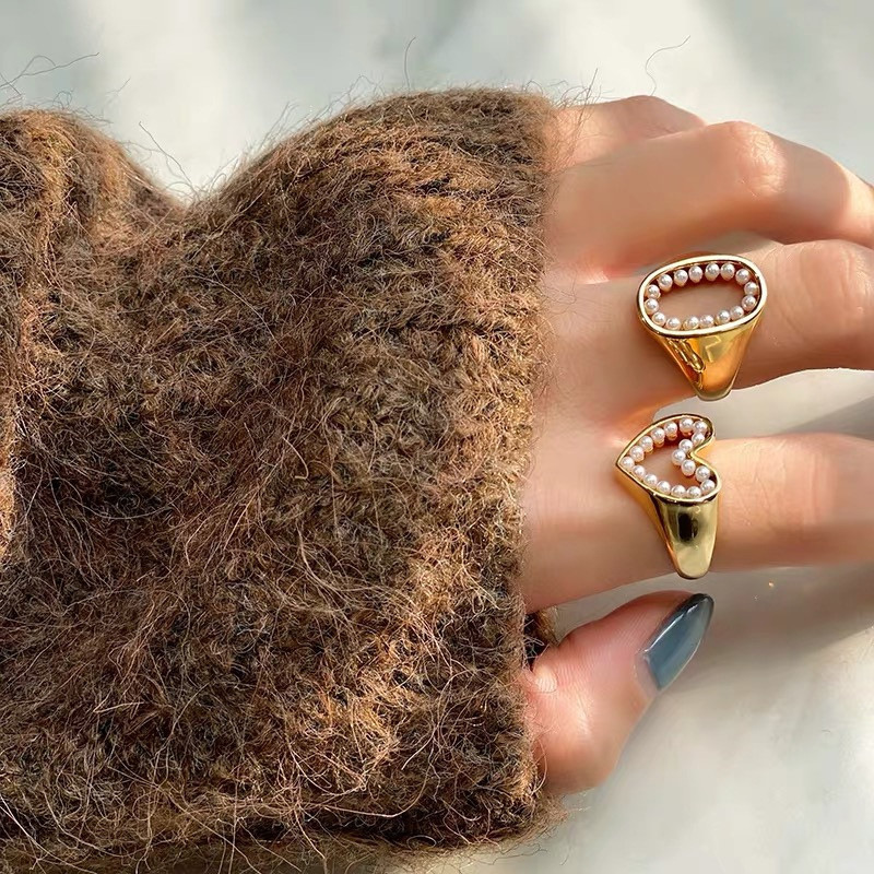 法式浪漫珍珠满天星镂空戒指开口可调节爱心的形状表白食指指环