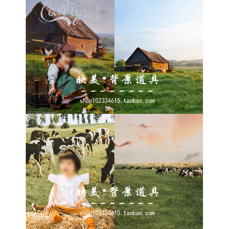 影楼摄影拍照蒙古大草原蓝天农场牧场奶牛自然风景儿童摄影背景布