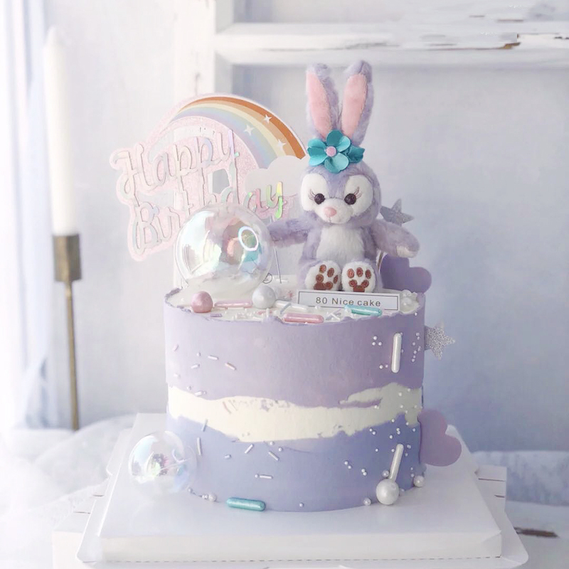 烘焙生日蛋糕装饰摆件网红紫色兔子毛绒插件儿童派对小兔子插牌