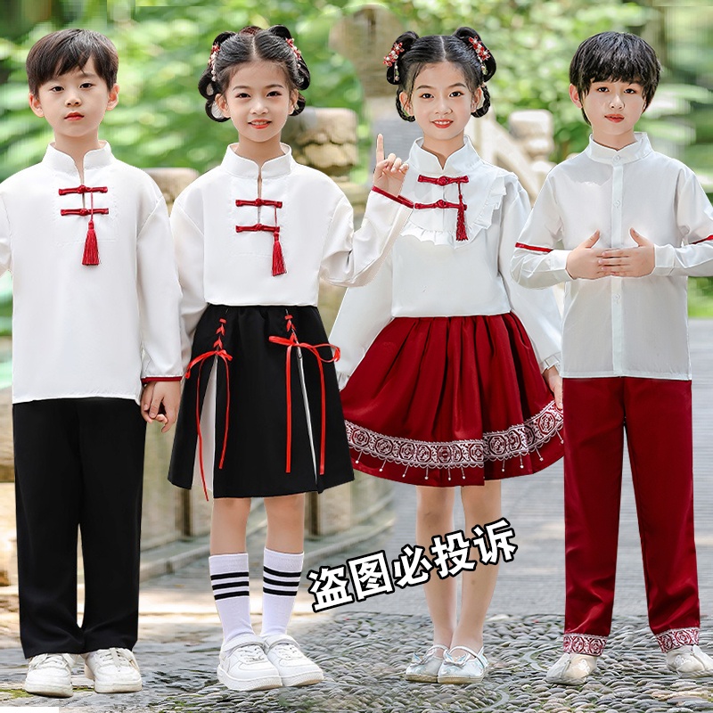 六一儿童合唱演出服红色中国风毕业照班服小学生诗歌朗诵表演服装
