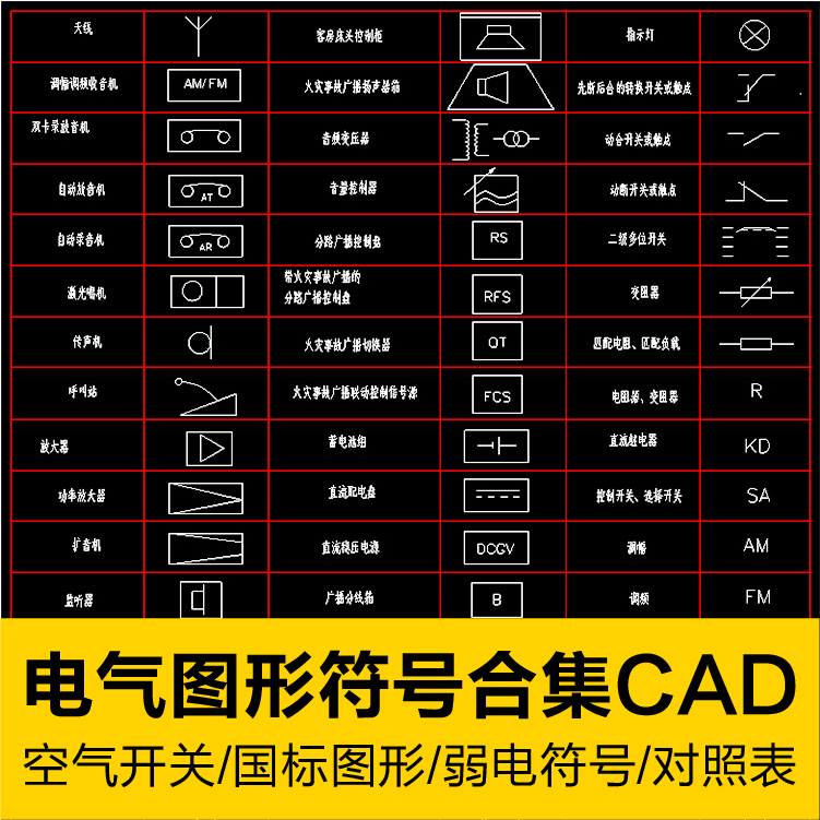 电气元件低压开关弱电国标绘图常用符号原件图形图例集CAD图块