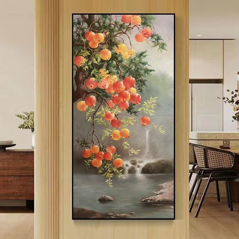 网红新中式写实纯手绘油画多子多福石榴客厅入户玄关过道走廊装饰