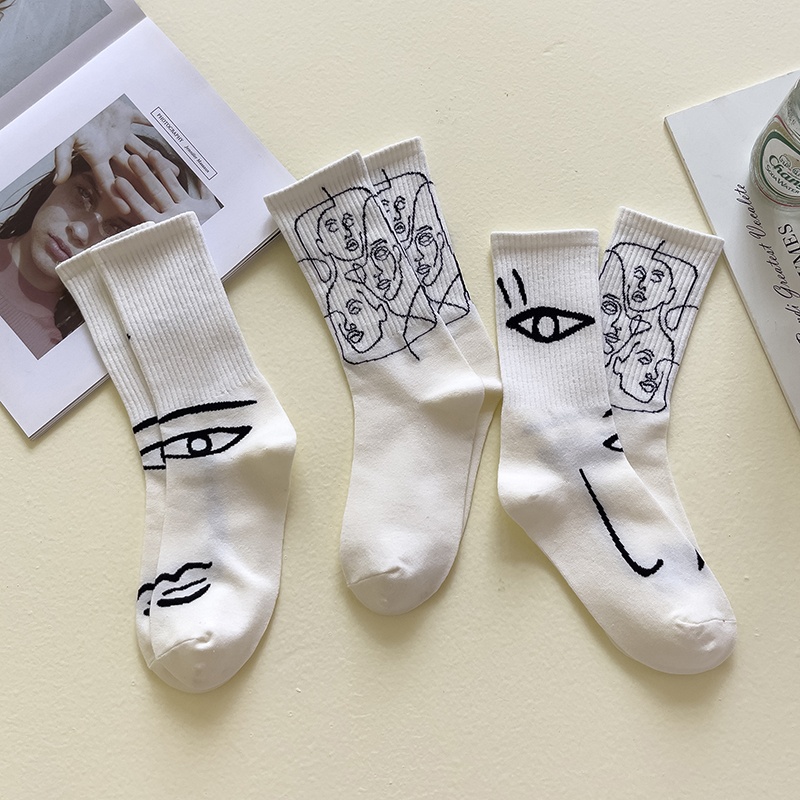 抽象线条绘画长袜个性创意男女中筒袜欧美街头潮流运动棉袜