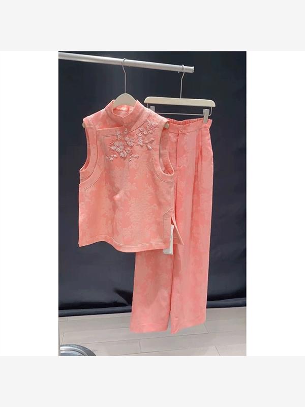 夏装搭配一整套多巴胺女装高级感粉色新中式国风马甲长裤两件套装