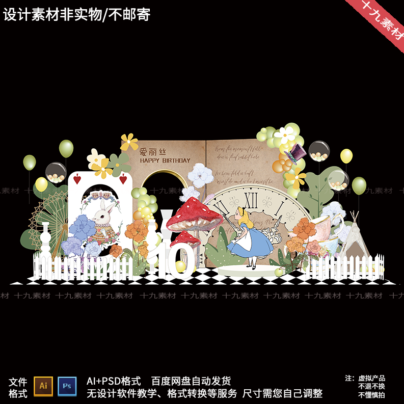 复古爱丽丝梦游仙境童话主题蘑菇宝宝宴生日派对背景设计素材