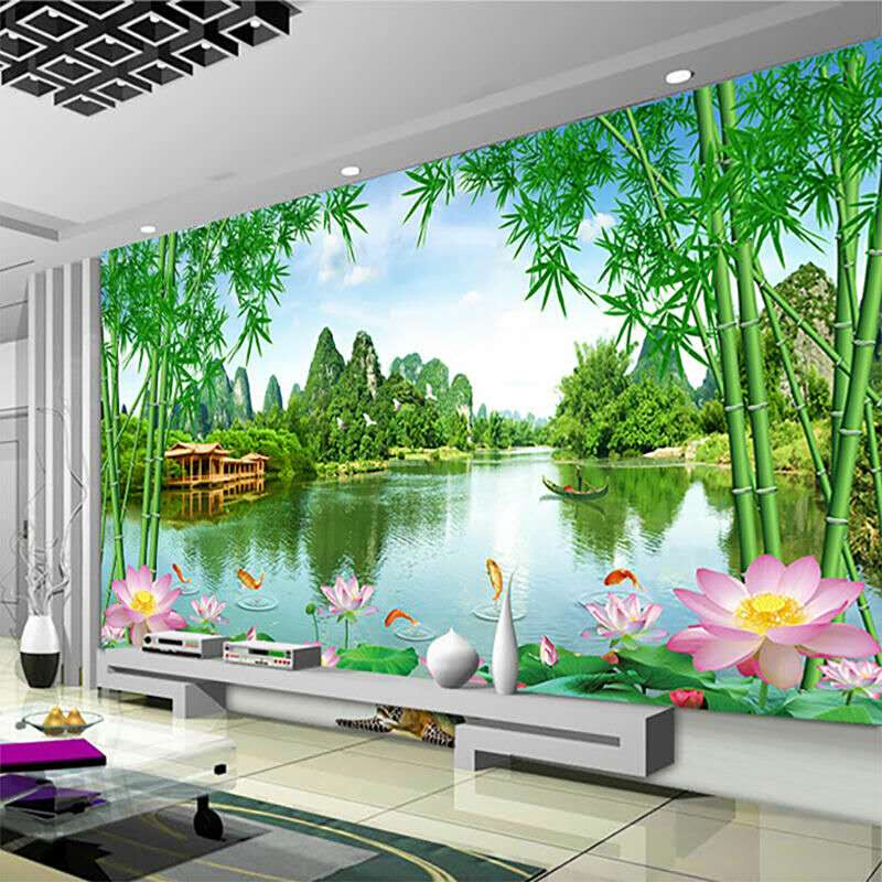 中式客厅电视背景墙装饰壁纸壁画流水生财风景画影视墙八骏图墙布