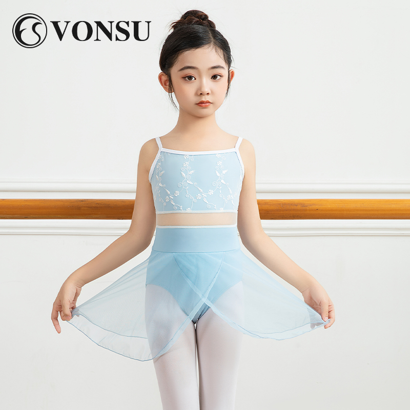 梵舒儿童舞蹈服女童蓝色吊带芭蕾舞蹈裙练功服女孩中国舞连体跳舞