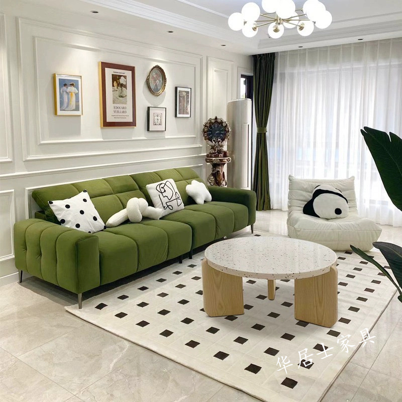 法式复古风客厅小方块布艺沙发小红书直排丝绒钢琴键轻奢绿色沙发
