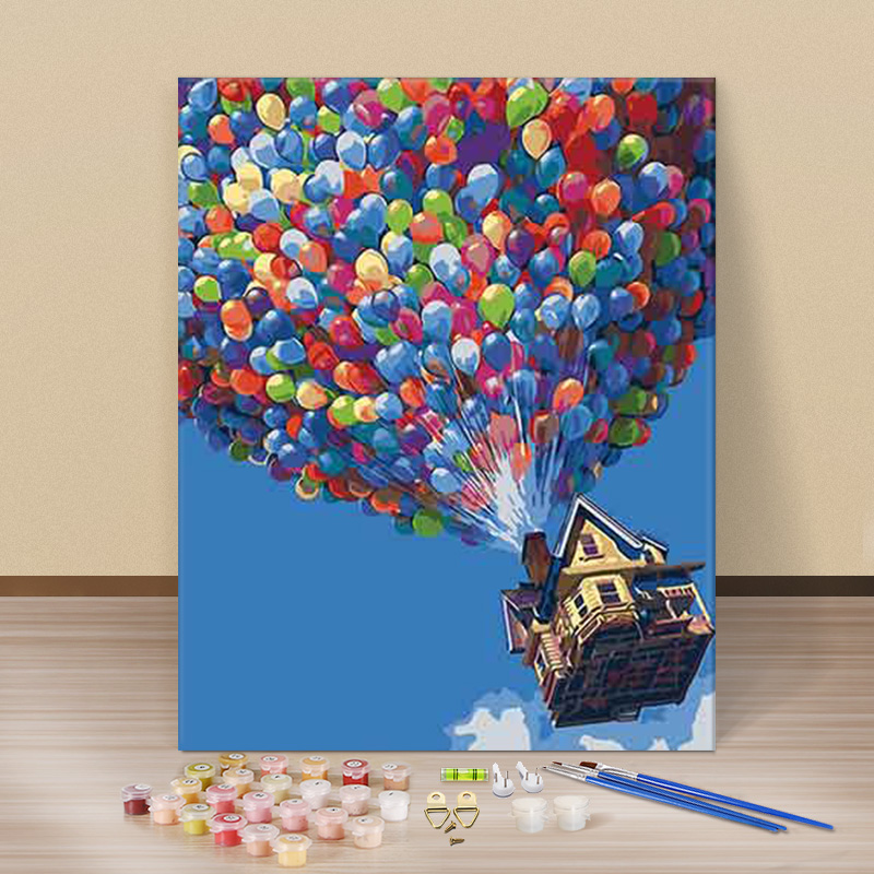 diy数字油画手绘油彩填色风景客厅儿童卡通装饰画 气球飞屋环游记
