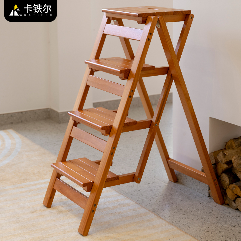 卡铁尔实木梯凳家用折叠梯子凳子两用多功能三步登高台阶凳楼梯椅