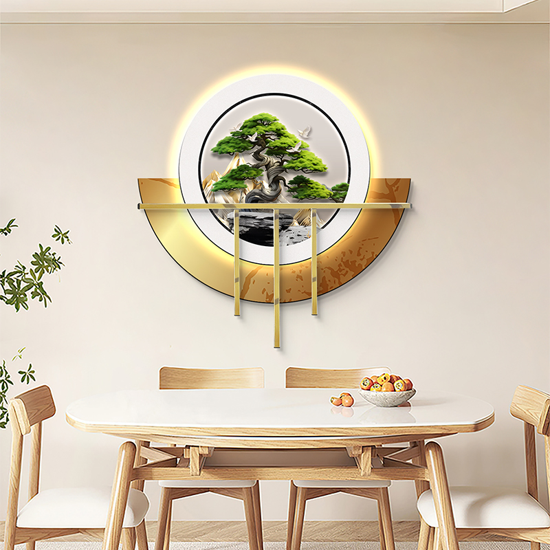 新中式苍松翠柏餐厅装饰画高档无框叠加氛围灯画客厅玄关壁饰挂画