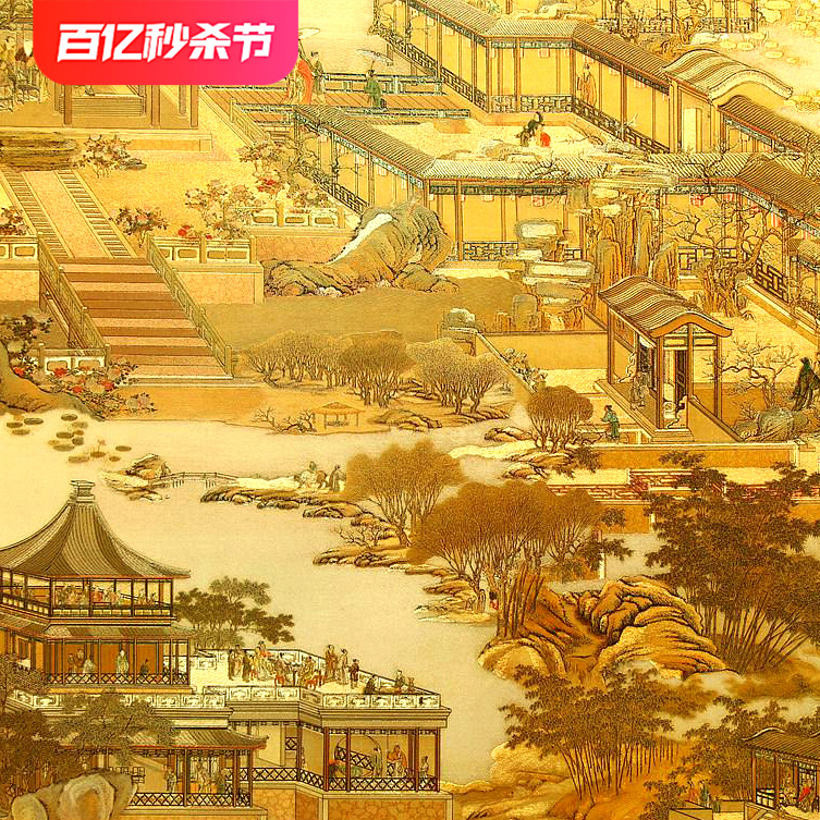 新中式中国复古风格仿古典禅意墙纸金箔金色金黄色清明上河图壁纸