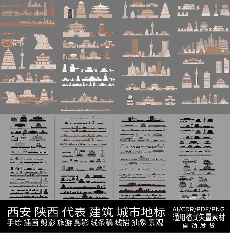 西安陕西建筑地标城市设计素材旅游手绘插画天际线条描稿景观剪影
