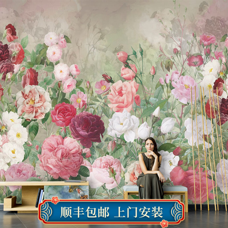 3D浪漫田园卧室客厅沙发床头电视背景墙花朵壁纸美式墙布无缝壁画