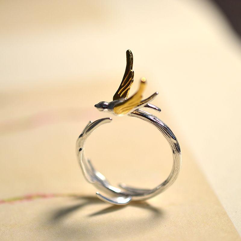 云飞羽银立体燕子与柳枝图案造型戒指古风古典手饰开口戒指环可调
