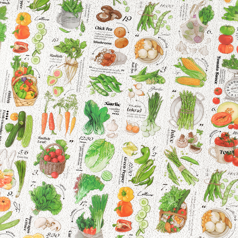 昼夜厨房与爱PET整张手帐贴纸蔬菜食物美食手账素材装饰防水贴画