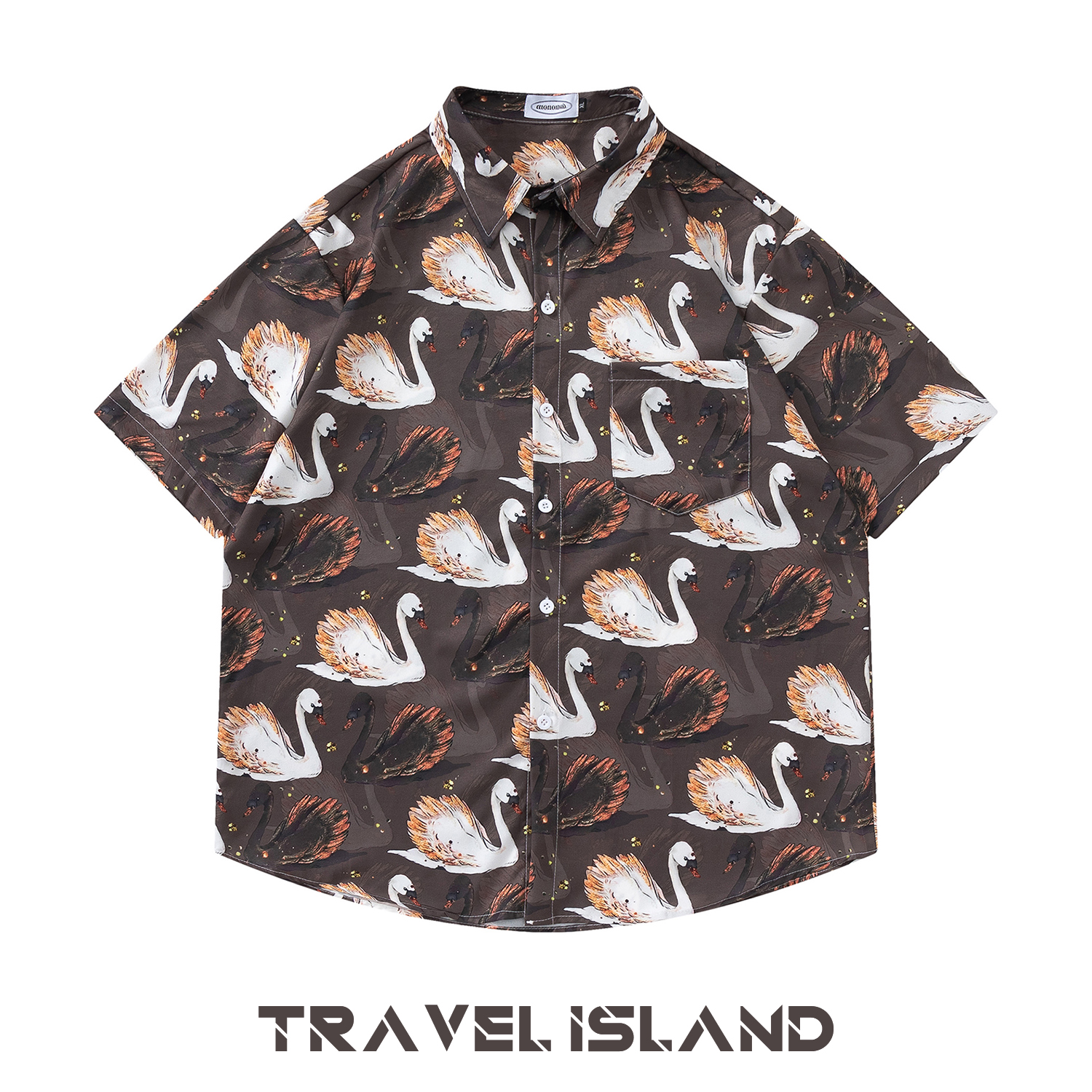 TRAVEL ISLAND 水中黑白天鹅 小众设计复古动物油画印花短袖衬衫