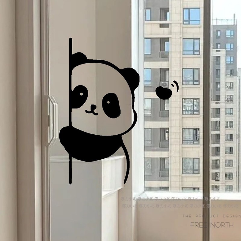 可爱熊猫侧面贴玻璃门窗防撞贴纸 咖啡奶茶店铺橱窗欢迎墙面装饰