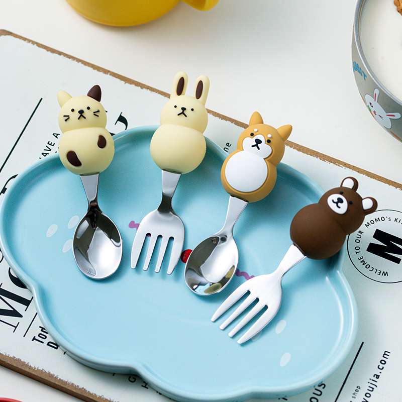 儿童可爱短柄动物熊吃饭叉勺304不锈钢便携餐具外带训练勺叉甜品