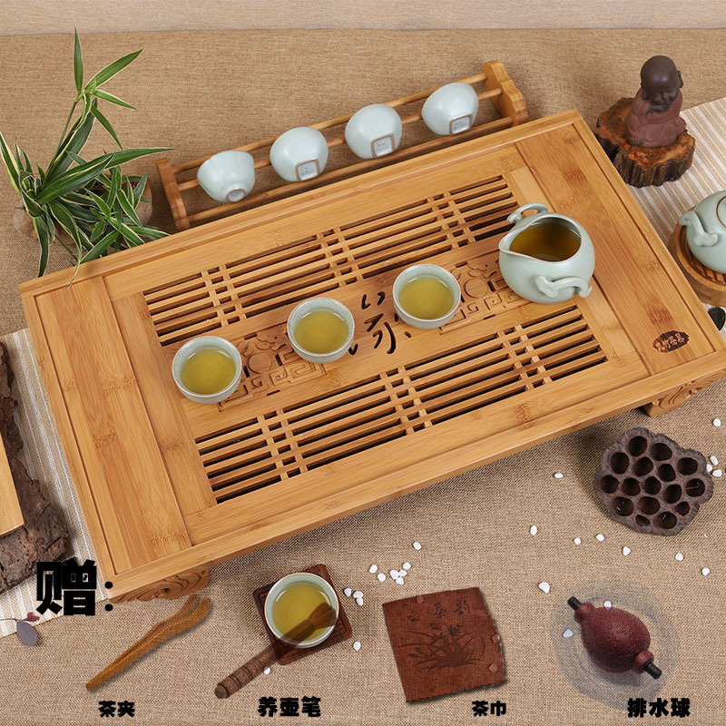 中式复古风楠竹制盛水储蓄水排水式茶盘财缘广进茶道套装功夫茶具