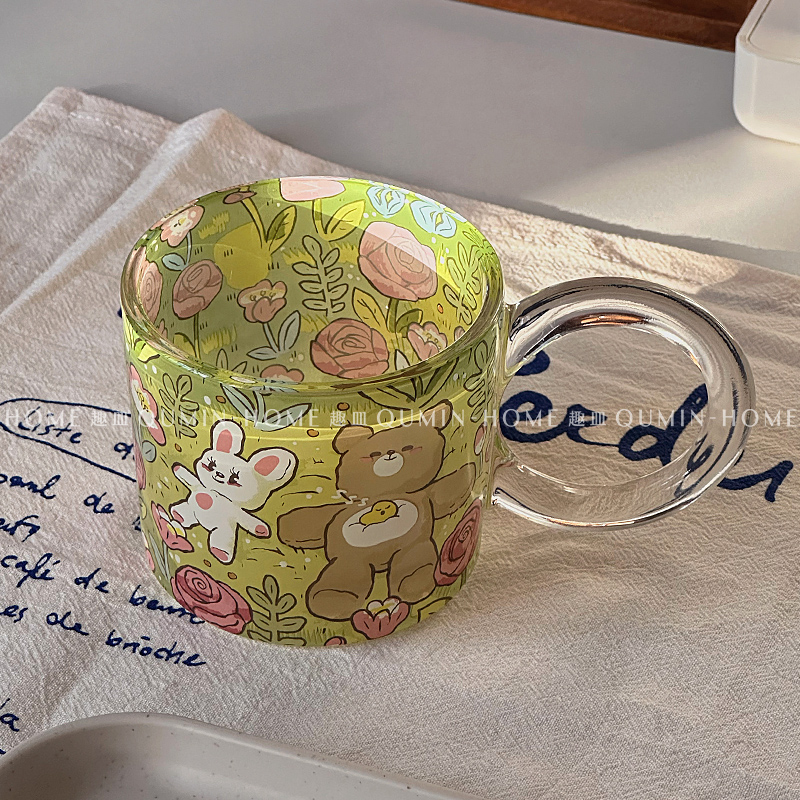 Qumin 原创动漫设计可爱玻璃杯牛奶咖啡杯家用水杯带把大耳朵杯子