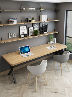 北欧实木书桌书架一体家用卧室双人电脑台式桌简约长条一字写字台